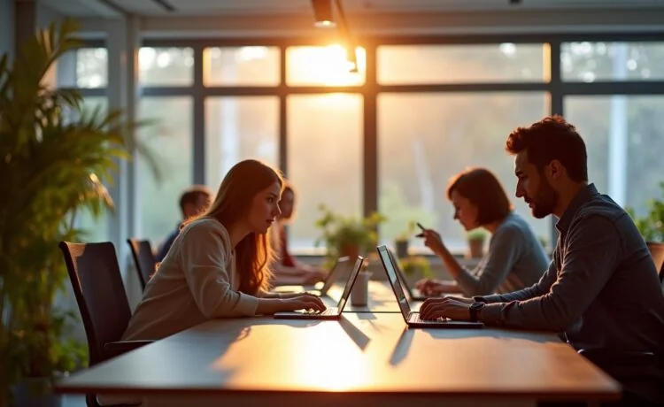 Ein warm ausgeleuchtetes, modernes Büro mit lichtdurchfluteten Fenstern, in dem ein internationales Team konzentriert und engagiert an Laptops arbeitet, umgeben von eleganter Technik und dezent europäischen Designelementen, die gemeinsam den Aufstieg einer vertrauenswürdigen, sicheren und innovativen europäischen Cloud-Lösung symbolisieren.