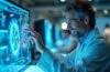 Eine strahlend helle, natürlich beleuchtete Aufnahme eines modernen Forschungslabors, in dem ein lächelnder Wissenschaftler vor einem hochmodernen Quantencomputer mit transparenten Display-Oberflächen komplexe molekulare Strukturen untersucht, eingebettet in eine warme, einladende Atmosphäre voller technologischer Präzision und menschlicher Begeisterung für bahnbrechende Materialforschung.