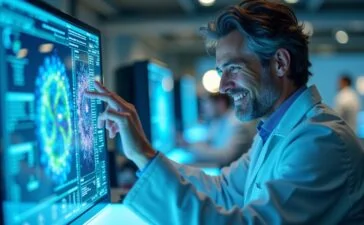 Eine strahlend helle, natürlich beleuchtete Aufnahme eines modernen Forschungslabors, in dem ein lächelnder Wissenschaftler vor einem hochmodernen Quantencomputer mit transparenten Display-Oberflächen komplexe molekulare Strukturen untersucht, eingebettet in eine warme, einladende Atmosphäre voller technologischer Präzision und menschlicher Begeisterung für bahnbrechende Materialforschung.