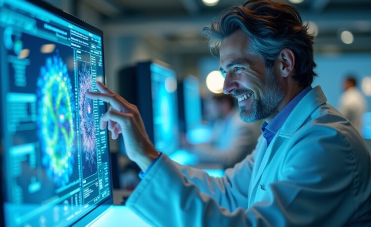 Eine strahlend helle, natürlich beleuchtete Aufnahme eines modernen Forschungslabors, in dem ein lächelnder Wissenschaftler vor einem hochmodernen Quantencomputer mit transparenten Display-Oberflächen komplexe molekulare Strukturen untersucht, eingebettet in eine warme, einladende Atmosphäre voller technologischer Präzision und menschlicher Begeisterung für bahnbrechende Materialforschung.