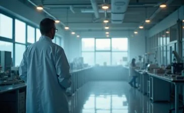 In einem hell erleuchteten Labor steht ein Forscher im weißen Kittel vor modernster Quantenmesstechnik, während sanftes Tageslicht durch große Fenster fällt und eine Atmosphäre voller Innovationsgeist, Hoffnung und präziser Zukunftstechnologie schafft.