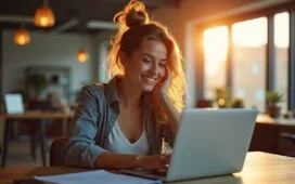 Ein strahlend helles, natürlich beleuchtetes Porträt einer motivierten Webentwicklerin in modernem Büro, die mit einem freundlichen Lächeln konzentriert an ihrem Laptop arbeitet, umgeben von warmem Tageslicht und dezentem Hightech-Equipment, das die zukunftsweisende Integration von reaktiven Kotlin-Datenbanklösungen symbolisiert.