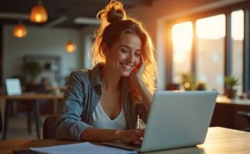 Ein strahlend helles, natürlich beleuchtetes Porträt einer motivierten Webentwicklerin in modernem Büro, die mit einem freundlichen Lächeln konzentriert an ihrem Laptop arbeitet, umgeben von warmem Tageslicht und dezentem Hightech-Equipment, das die zukunftsweisende Integration von reaktiven Kotlin-Datenbanklösungen symbolisiert.