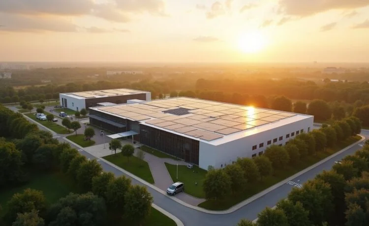 Ein strahlender Morgen über dem weitläufigen Rechenzentrumscampus in Bordeaux, der von der warmen Sonne sanft beleuchtet wird und mit modernen Gebäuden, umgeben von grünen Flächen und klar erkennbarem nachhaltigen Solarpanel-Einsatz, ein Gefühl von Innovation, Wachstum und regionaler Zukunftskraft vermittelt.