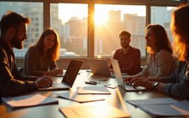 Ein hell erleuchteter moderner Arbeitsplatz mit einem entspannten Entwicklungsteam in lebendigen Gesprächen, während Sonnenlicht warm durch große Fenster fällt und technische Dokumente sowie Laptops mit Code offen auf dem Tisch liegen – ein lebendiger Moment der Zusammenarbeit und der verantwortungsvollen Open-Source-Entwicklung.