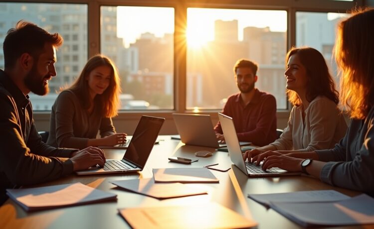 Ein hell erleuchteter moderner Arbeitsplatz mit einem entspannten Entwicklungsteam in lebendigen Gesprächen, während Sonnenlicht warm durch große Fenster fällt und technische Dokumente sowie Laptops mit Code offen auf dem Tisch liegen – ein lebendiger Moment der Zusammenarbeit und der verantwortungsvollen Open-Source-Entwicklung.