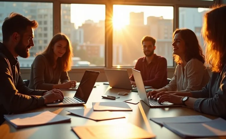 Ein hell erleuchteter moderner Arbeitsplatz mit einem entspannten Entwicklungsteam in lebendigen Gesprächen, während Sonnenlicht warm durch große Fenster fällt und technische Dokumente sowie Laptops mit Code offen auf dem Tisch liegen – ein lebendiger Moment der Zusammenarbeit und der verantwortungsvollen Open-Source-Entwicklung.