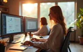 Ein heller, einladender Arbeitsraum mit entspannt lächelnden Webdesigner:innen, die vor mehreren Bildschirmen mit modernen Drag-and-Drop-Layouts in natürlichem Tageslicht konzentriert und kreativ an der Gestaltung einer Webseite mit dem neuen Drupal-Editor arbeiten, umgeben von minimalistischer, wohnlicher Einrichtung und warmen Holztönen.