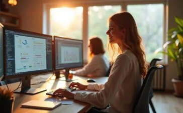 Ein heller, einladender Arbeitsraum mit entspannt lächelnden Webdesigner:innen, die vor mehreren Bildschirmen mit modernen Drag-and-Drop-Layouts in natürlichem Tageslicht konzentriert und kreativ an der Gestaltung einer Webseite mit dem neuen Drupal-Editor arbeiten, umgeben von minimalistischer, wohnlicher Einrichtung und warmen Holztönen.