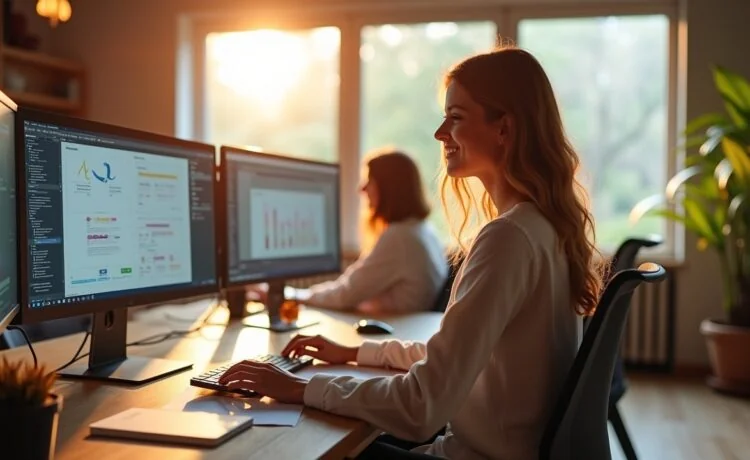 Ein heller, einladender Arbeitsraum mit entspannt lächelnden Webdesigner:innen, die vor mehreren Bildschirmen mit modernen Drag-and-Drop-Layouts in natürlichem Tageslicht konzentriert und kreativ an der Gestaltung einer Webseite mit dem neuen Drupal-Editor arbeiten, umgeben von minimalistischer, wohnlicher Einrichtung und warmen Holztönen.