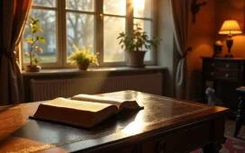 Ein warm beleuchtetes, zeitlos elegantes Arbeitszimmer im viktorianischen Stil mit offenem, antikem Buch auf einem hölzernen Schreibtisch, sanftes Tageslicht fällt durch große Fenster, während eine historische Schreibfeder und vergilbte Pergamentseiten die Atmosphäre einer lebendigen digitalen Zeitreise einfangen.