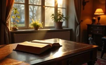 Ein warm beleuchtetes, zeitlos elegantes Arbeitszimmer im viktorianischen Stil mit offenem, antikem Buch auf einem hölzernen Schreibtisch, sanftes Tageslicht fällt durch große Fenster, während eine historische Schreibfeder und vergilbte Pergamentseiten die Atmosphäre einer lebendigen digitalen Zeitreise einfangen.