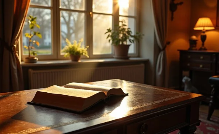 Ein warm beleuchtetes, zeitlos elegantes Arbeitszimmer im viktorianischen Stil mit offenem, antikem Buch auf einem hölzernen Schreibtisch, sanftes Tageslicht fällt durch große Fenster, während eine historische Schreibfeder und vergilbte Pergamentseiten die Atmosphäre einer lebendigen digitalen Zeitreise einfangen.