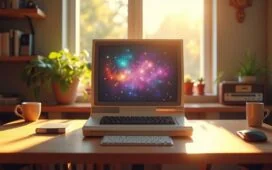 Ein sonnendurchfluteter, minimalistischer Arbeitsplatz mit nostalgisch anmutendem Retro-Computer und farbenfrohen Pixelgrafiken auf dem Bildschirm, umgeben von warmem Holz und sanftem Tageslicht, das eine einladende Atmosphäre zwischen digitaler Vergangenheit und modernem Design schafft.