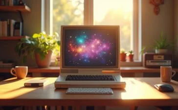 Ein sonnendurchfluteter, minimalistischer Arbeitsplatz mit nostalgisch anmutendem Retro-Computer und farbenfrohen Pixelgrafiken auf dem Bildschirm, umgeben von warmem Holz und sanftem Tageslicht, das eine einladende Atmosphäre zwischen digitaler Vergangenheit und modernem Design schafft.