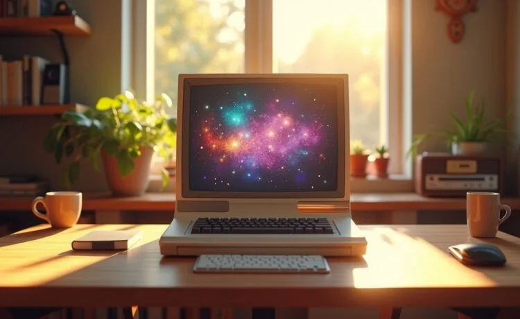 Ein sonnendurchfluteter, minimalistischer Arbeitsplatz mit nostalgisch anmutendem Retro-Computer und farbenfrohen Pixelgrafiken auf dem Bildschirm, umgeben von warmem Holz und sanftem Tageslicht, das eine einladende Atmosphäre zwischen digitaler Vergangenheit und modernem Design schafft.
