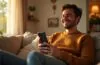 Ein warm beleuchtetes, modernes Wohnzimmer mit einem lächelnden jungen Erwachsenen, der entspannt Sprachbefehle an ein elegantes Samsung-Smartphone gibt, während natürliche Sonnenstrahlen sanft durchs Fenster fallen und eine einladende, zukunftsorientierte Atmosphäre schaffen.