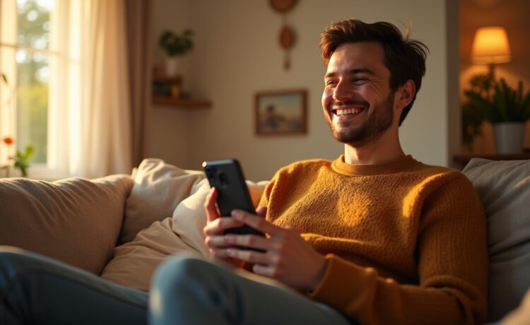 Ein warm beleuchtetes, modernes Wohnzimmer mit einem lächelnden jungen Erwachsenen, der entspannt Sprachbefehle an ein elegantes Samsung-Smartphone gibt, während natürliche Sonnenstrahlen sanft durchs Fenster fallen und eine einladende, zukunftsorientierte Atmosphäre schaffen.