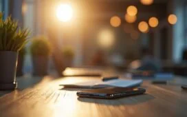 Ein hell erleuchteter, moderner Arbeitsplatz mit einem Samsung-Smartphone im Vordergrund, umgeben von warmem Tageslicht und dezenten Technik-Accessoires, vermittelt ein Gefühl von Sicherheit und verantwortungsbewusstem Umgang mit digitalen Updates.