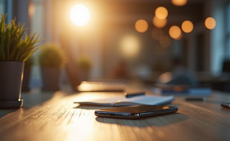 Ein hell erleuchteter, moderner Arbeitsplatz mit einem Samsung-Smartphone im Vordergrund, umgeben von warmem Tageslicht und dezenten Technik-Accessoires, vermittelt ein Gefühl von Sicherheit und verantwortungsbewusstem Umgang mit digitalen Updates.