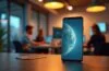 Ein warm beleuchteter, moderner Arbeitsplatz mit einem Samsung Galaxy-Smartphone im Vordergrund, auf dessen Bildschirm eine sanft leuchtende KI-Animation sichtbar ist, im Hintergrund helle, freundliche Büroumgebung mit Menschen, die konzentriert und optimistisch an Zukunftstechnologien arbeiten.