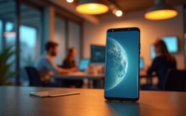 Ein warm beleuchteter, moderner Arbeitsplatz mit einem Samsung Galaxy-Smartphone im Vordergrund, auf dessen Bildschirm eine sanft leuchtende KI-Animation sichtbar ist, im Hintergrund helle, freundliche Büroumgebung mit Menschen, die konzentriert und optimistisch an Zukunftstechnologien arbeiten.