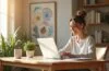 Ein sonnendurchflutetes, modernes Home-Office mit einer lächelnden Kreativen, die konzentriert an ihrem Laptop eine elegante Website gestaltet, umgeben von inspirierenden Skizzen und warmen Holzelementen, die eine Atmosphäre von Effizienz, Kreativität und selbstbestimmtem Arbeiten vermitteln.