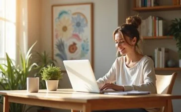 Ein sonnendurchflutetes, modernes Home-Office mit einer lächelnden Kreativen, die konzentriert an ihrem Laptop eine elegante Website gestaltet, umgeben von inspirierenden Skizzen und warmen Holzelementen, die eine Atmosphäre von Effizienz, Kreativität und selbstbestimmtem Arbeiten vermitteln.