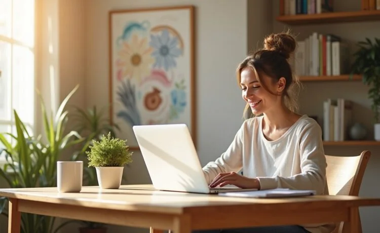 Ein sonnendurchflutetes, modernes Home-Office mit einer lächelnden Kreativen, die konzentriert an ihrem Laptop eine elegante Website gestaltet, umgeben von inspirierenden Skizzen und warmen Holzelementen, die eine Atmosphäre von Effizienz, Kreativität und selbstbestimmtem Arbeiten vermitteln.