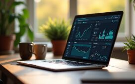 Ein warm beleuchteter, modern eingerichteter Arbeitsplatz mit einem sorgfältig platzierten Laptop-Bildschirm, der ein Netzwerksicherheits-Dashboard zeigt, umgeben von vertrauten Alltagsgegenständen wie einer Tasse Kaffee und grünen Pflanzen, während sanftes Tageslicht durch ein Fenster fällt und eine Atmosphäre von Kontrolle, Vorsicht und technischer Verantwortung vermittelt.