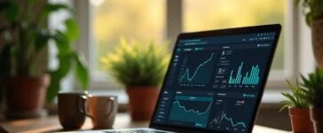 Ein warm beleuchteter, modern eingerichteter Arbeitsplatz mit einem sorgfältig platzierten Laptop-Bildschirm, der ein Netzwerksicherheits-Dashboard zeigt, umgeben von vertrauten Alltagsgegenständen wie einer Tasse Kaffee und grünen Pflanzen, während sanftes Tageslicht durch ein Fenster fällt und eine Atmosphäre von Kontrolle, Vorsicht und technischer Verantwortung vermittelt.