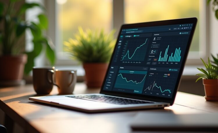 Ein warm beleuchteter, modern eingerichteter Arbeitsplatz mit einem sorgfältig platzierten Laptop-Bildschirm, der ein Netzwerksicherheits-Dashboard zeigt, umgeben von vertrauten Alltagsgegenständen wie einer Tasse Kaffee und grünen Pflanzen, während sanftes Tageslicht durch ein Fenster fällt und eine Atmosphäre von Kontrolle, Vorsicht und technischer Verantwortung vermittelt.