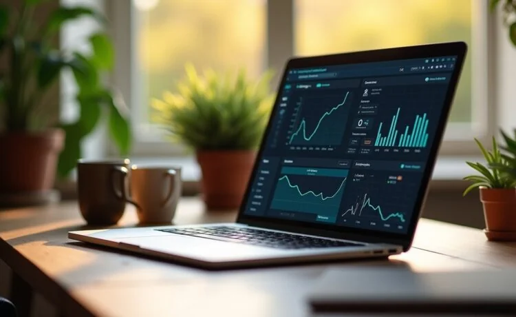 Ein warm beleuchteter, modern eingerichteter Arbeitsplatz mit einem sorgfältig platzierten Laptop-Bildschirm, der ein Netzwerksicherheits-Dashboard zeigt, umgeben von vertrauten Alltagsgegenständen wie einer Tasse Kaffee und grünen Pflanzen, während sanftes Tageslicht durch ein Fenster fällt und eine Atmosphäre von Kontrolle, Vorsicht und technischer Verantwortung vermittelt.