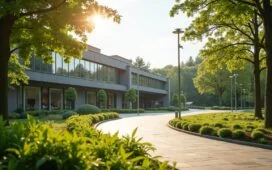 Ein heller, einladender Außenbereich eines modernen Technologie-Campus inmitten einer sanft grünen Landschaft, wo Sonnenlicht durch große Glasfassaden fällt und Fachleute verschiedener Generationen in respektvollem Austausch lebendig und hoffnungsvoll zusammenstehen.
