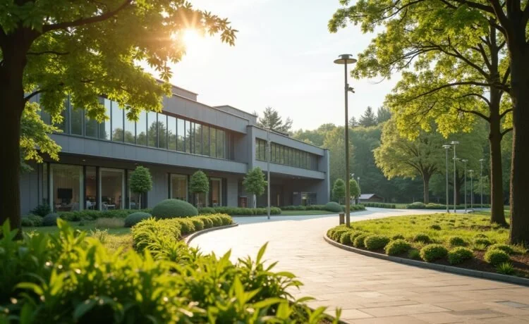 Ein heller, einladender Außenbereich eines modernen Technologie-Campus inmitten einer sanft grünen Landschaft, wo Sonnenlicht durch große Glasfassaden fällt und Fachleute verschiedener Generationen in respektvollem Austausch lebendig und hoffnungsvoll zusammenstehen.