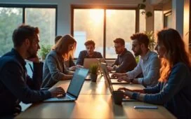 Ein helles, einladendes Büro mit natürlichem Tageslicht, in dem konzentrierte Entwickler mit Laptops und moderner Technik an einem gemeinsamen Code-Projekt arbeiten, während warme Farbtöne und sanfte Schatten eine vertrauensvolle Atmosphäre von Teamgeist und digitaler Sicherheit vermitteln.