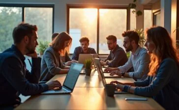 Ein helles, einladendes Büro mit natürlichem Tageslicht, in dem konzentrierte Entwickler mit Laptops und moderner Technik an einem gemeinsamen Code-Projekt arbeiten, während warme Farbtöne und sanfte Schatten eine vertrauensvolle Atmosphäre von Teamgeist und digitaler Sicherheit vermitteln.