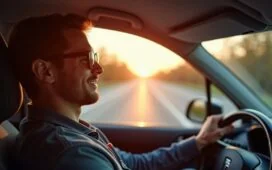 Ein strahlend heller, natürlicher Moment im Fahrzeuginnenraum, in dem ein konzentrierter Sicherheitsfahrer mit freundlichem Blick die Straße aufmerksam beobachtet, umgeben von modernster Sensor- und Kameratechnik, die das Zusammenspiel von Mensch und autonomem Fahrzeug eindrucksvoll und warm reflektiert.