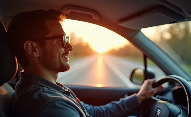 Ein strahlend heller, natürlicher Moment im Fahrzeuginnenraum, in dem ein konzentrierter Sicherheitsfahrer mit freundlichem Blick die Straße aufmerksam beobachtet, umgeben von modernster Sensor- und Kameratechnik, die das Zusammenspiel von Mensch und autonomem Fahrzeug eindrucksvoll und warm reflektiert.