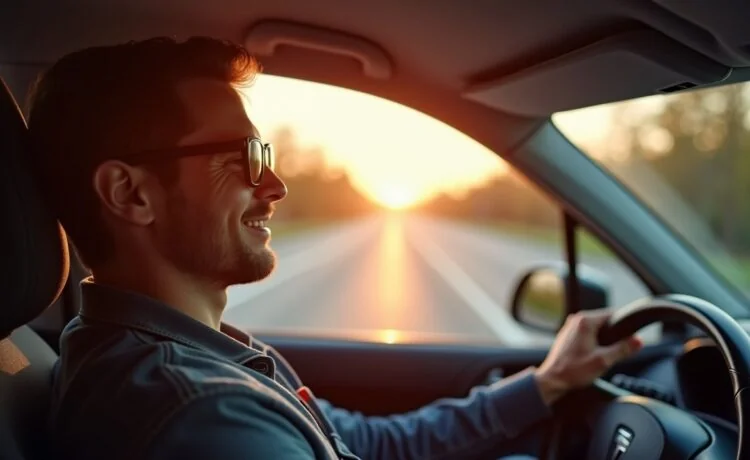Ein strahlend heller, natürlicher Moment im Fahrzeuginnenraum, in dem ein konzentrierter Sicherheitsfahrer mit freundlichem Blick die Straße aufmerksam beobachtet, umgeben von modernster Sensor- und Kameratechnik, die das Zusammenspiel von Mensch und autonomem Fahrzeug eindrucksvoll und warm reflektiert.
