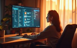 In einem hell erleuchteten, modernen Arbeitszimmer sitzt eine entspannte Person vor einem großen Bildschirm, auf dem ein klar erkennbares, technisch anmutendes Benutzerinterface des VLC Media Players zu sehen ist, während warmes Tageslicht durch ein Fenster fällt und eine Atmosphäre von Sicherheit, Aufmerksamkeit und Zuversicht schafft.