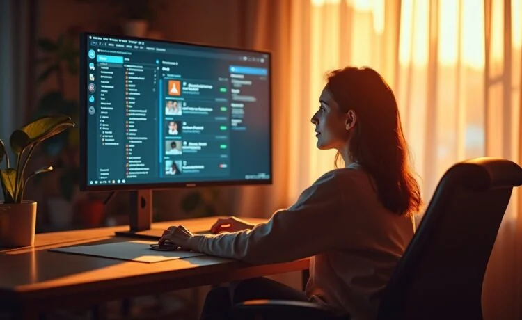 In einem hell erleuchteten, modernen Arbeitszimmer sitzt eine entspannte Person vor einem großen Bildschirm, auf dem ein klar erkennbares, technisch anmutendes Benutzerinterface des VLC Media Players zu sehen ist, während warmes Tageslicht durch ein Fenster fällt und eine Atmosphäre von Sicherheit, Aufmerksamkeit und Zuversicht schafft.