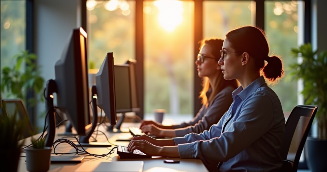Ein freundliches, hell erleuchtetes Büroambiente mit konzentrierten IT-Profis vor modernen Computermonitoren, die gemeinsam an einer Sicherheitsstrategie arbeiten, während warme Sonnenstrahlen durch große Fenster fallen und eine Atmosphäre von Zuversicht und Zusammenarbeit schaffen.