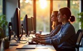 Ein freundliches, hell erleuchtetes Büroambiente mit konzentrierten IT-Profis vor modernen Computermonitoren, die gemeinsam an einer Sicherheitsstrategie arbeiten, während warme Sonnenstrahlen durch große Fenster fallen und eine Atmosphäre von Zuversicht und Zusammenarbeit schaffen.