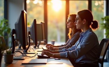 Ein freundliches, hell erleuchtetes Büroambiente mit konzentrierten IT-Profis vor modernen Computermonitoren, die gemeinsam an einer Sicherheitsstrategie arbeiten, während warme Sonnenstrahlen durch große Fenster fallen und eine Atmosphäre von Zuversicht und Zusammenarbeit schaffen.