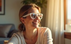 Eine junge Frau sitzt in einem hellen, modern eingerichteten Raum, trägt eine stylische, dezente Brille mit klarem, leicht futuristischem Design und blickt lächelnd konzentriert geradeaus, während sanftes Tageslicht ihre Gesichtszüge warm und freundlich betont – ein Symbol für intelligente Brillentechnologie, die sich dynamisch an ihr Blickverhalten anpasst.