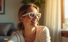 Eine junge Frau sitzt in einem hellen, modern eingerichteten Raum, trägt eine stylische, dezente Brille mit klarem, leicht futuristischem Design und blickt lächelnd konzentriert geradeaus, während sanftes Tageslicht ihre Gesichtszüge warm und freundlich betont – ein Symbol für intelligente Brillentechnologie, die sich dynamisch an ihr Blickverhalten anpasst.