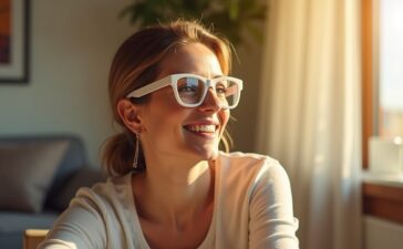 Eine junge Frau sitzt in einem hellen, modern eingerichteten Raum, trägt eine stylische, dezente Brille mit klarem, leicht futuristischem Design und blickt lächelnd konzentriert geradeaus, während sanftes Tageslicht ihre Gesichtszüge warm und freundlich betont – ein Symbol für intelligente Brillentechnologie, die sich dynamisch an ihr Blickverhalten anpasst.