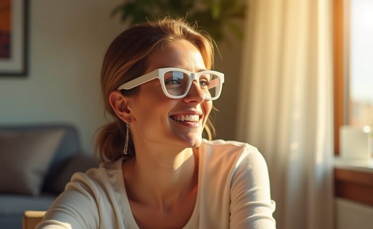 Eine junge Frau sitzt in einem hellen, modern eingerichteten Raum, trägt eine stylische, dezente Brille mit klarem, leicht futuristischem Design und blickt lächelnd konzentriert geradeaus, während sanftes Tageslicht ihre Gesichtszüge warm und freundlich betont – ein Symbol für intelligente Brillentechnologie, die sich dynamisch an ihr Blickverhalten anpasst.