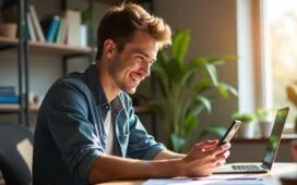 Ein hell erleuchteter, moderner Arbeitsplatz mit einem lächelnden jungen Erwachsenen, der konzentriert mit lockerem Smartphone in der Hand ein Video bearbeitet, während natürliches Tageslicht warm durchs Fenster fällt und die kreative, mobile Arbeitswelt lebendig und freundlich einfängt.